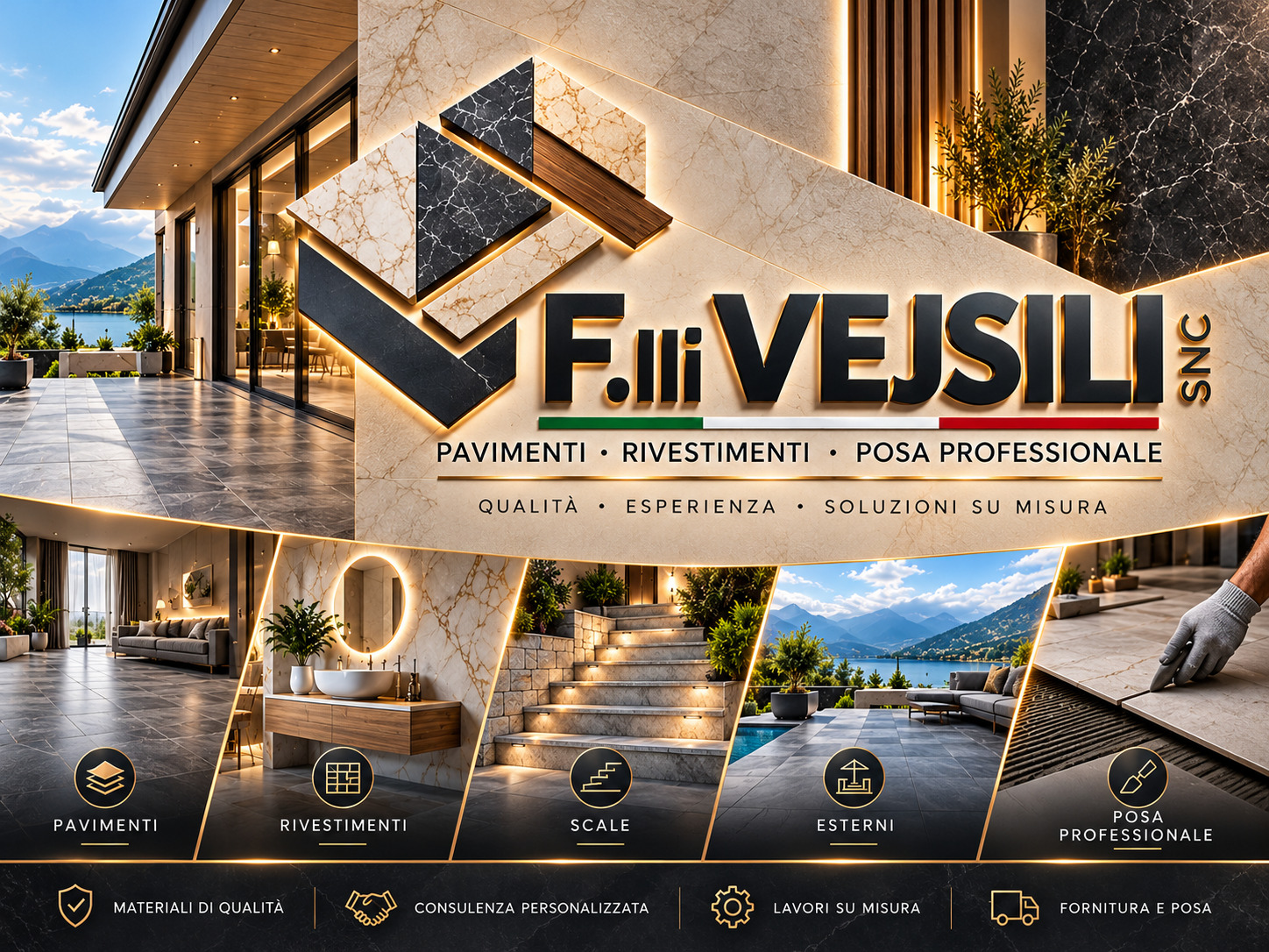 Anteprima grafica del marchio flli-vejsili; ambientazioni digitali dimostrative